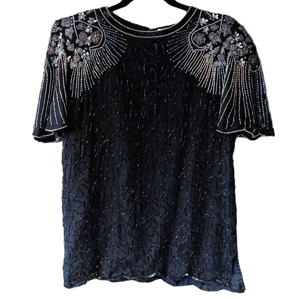 M Silk EUC Vintage Dynasty Party Women Beaded-Embroidered Goth Gala Blouse Glam